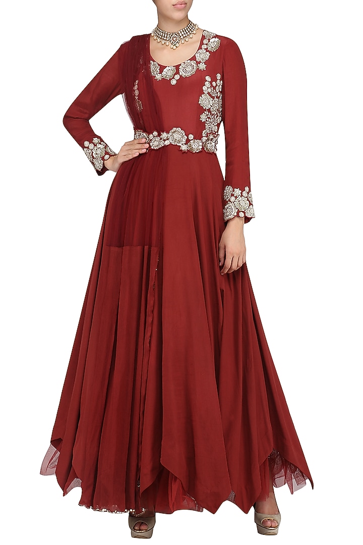 Maroon sequin embroidered anarkali with belt and dupatta available only at Pernia's Pop Up Shop.