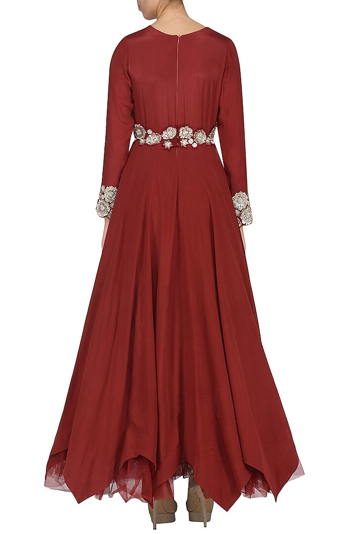 Maroon sequin embroidered anarkali with belt and dupatta available only at Pernia's Pop Up Shop.