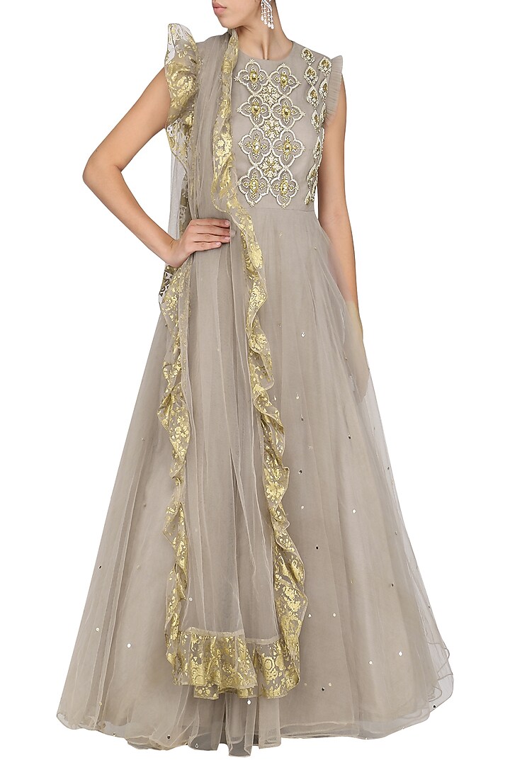 Grey pearl embroidered anarkali with dupatta available only at Pernia's Pop Up Shop.