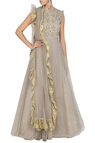 Grey Pearl Embroidered Anarkali with Dupatta by Bhumika Sharma