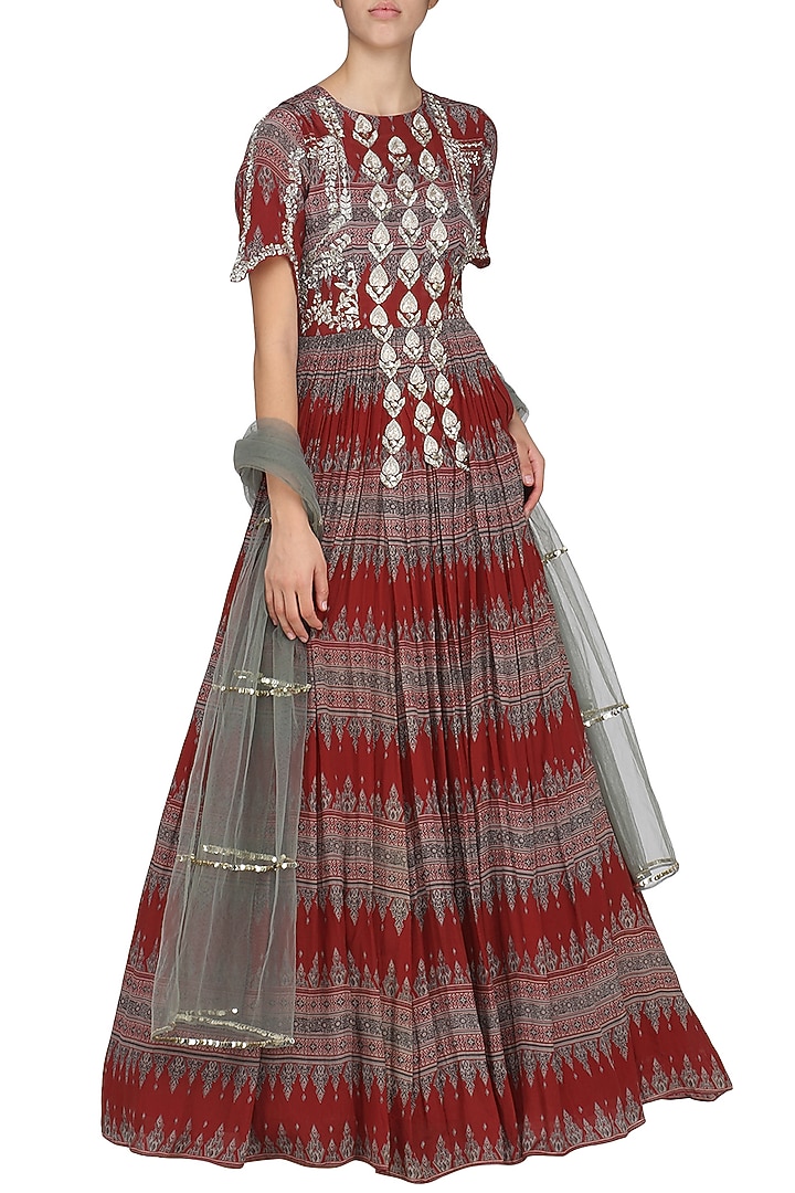 Red geometrical printed anarkali with sea green dupatta available only at Pernia's Pop Up Shop.