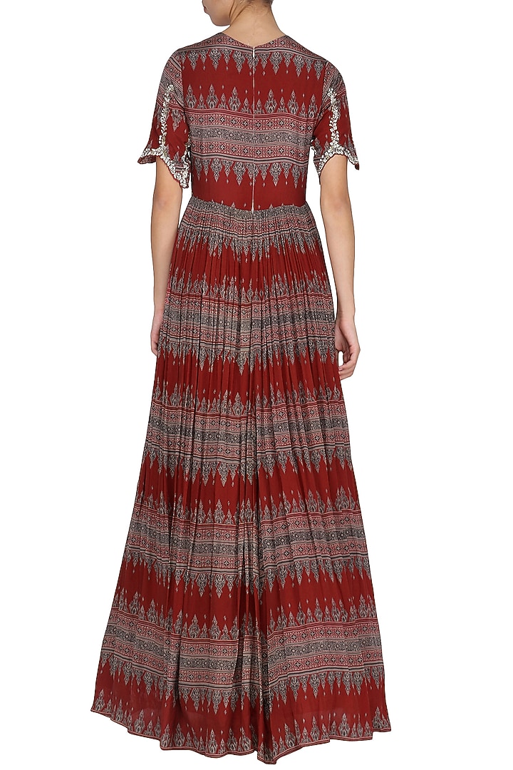 Red geometrical printed anarkali with sea green dupatta available only at Pernia's Pop Up Shop.