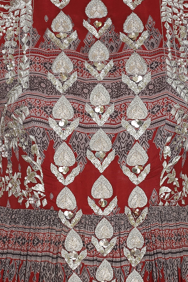 Red geometrical printed anarkali with sea green dupatta available only at Pernia's Pop Up Shop.