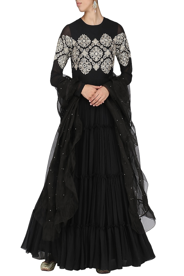 Black gathered anarkali with dupatta available only at Pernia's Pop Up Shop.
