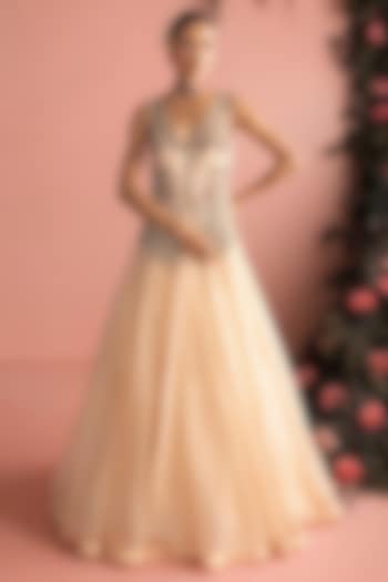 Beige Organza Floral Embroidered Jacket Set by Bhumika Sharma at Pernia's Pop Up Shop