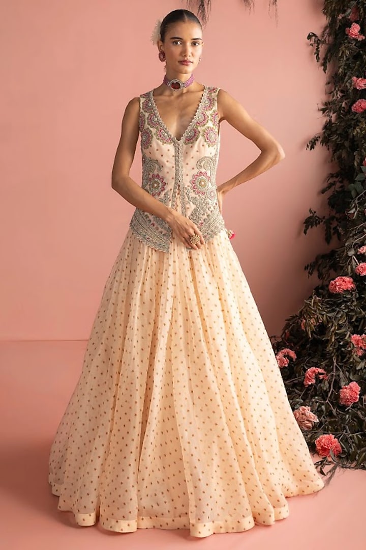 Beige Organza Floral Embroidered Jacket Set by Bhumika Sharma at Pernia's Pop Up Shop