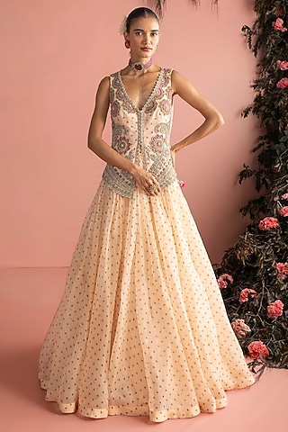Beige Organza Floral Embroidered Jacket Set by Bhumika Sharma