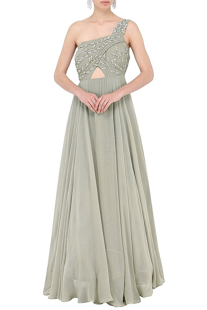 Grey embroidered one shoulder gown available only at Pernia's Pop Up Shop.