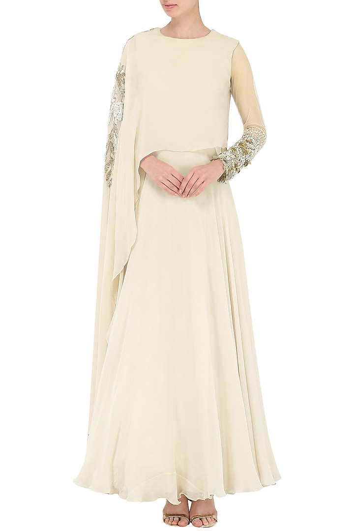 Ivory embroidered cape anarkali gown available only at Pernia's Pop Up Shop.
