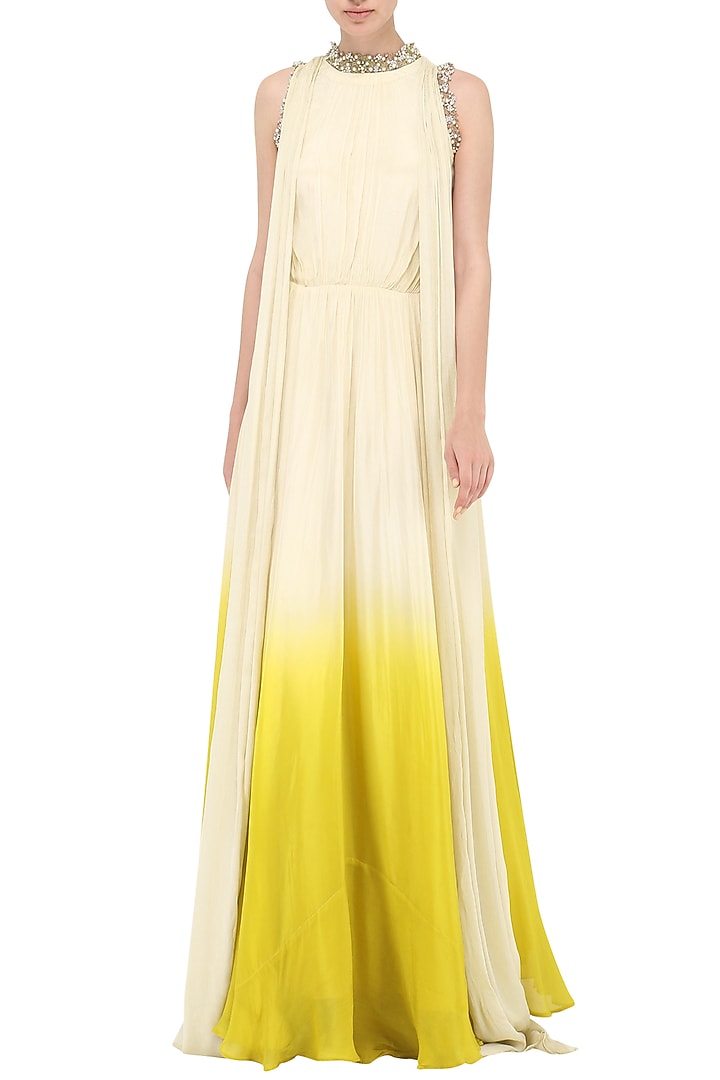 Ivory to yellow ombre embroidered anarkali gown available only at Pernia's Pop Up Shop.