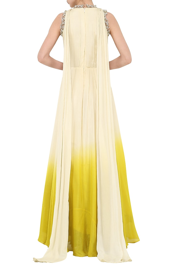 Ivory to yellow ombre embroidered anarkali gown available only at Pernia's Pop Up Shop.