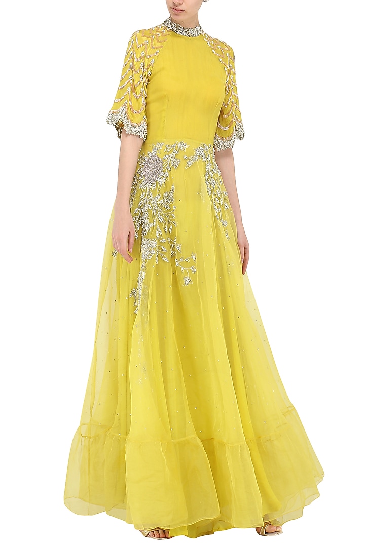 Yellow embroidered anarkali gown available only at Pernia's Pop Up Shop.