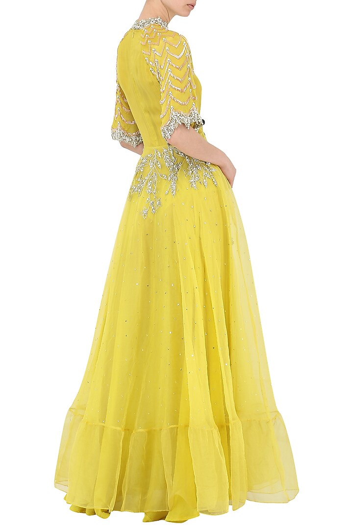 Yellow embroidered anarkali gown available only at Pernia's Pop Up Shop.