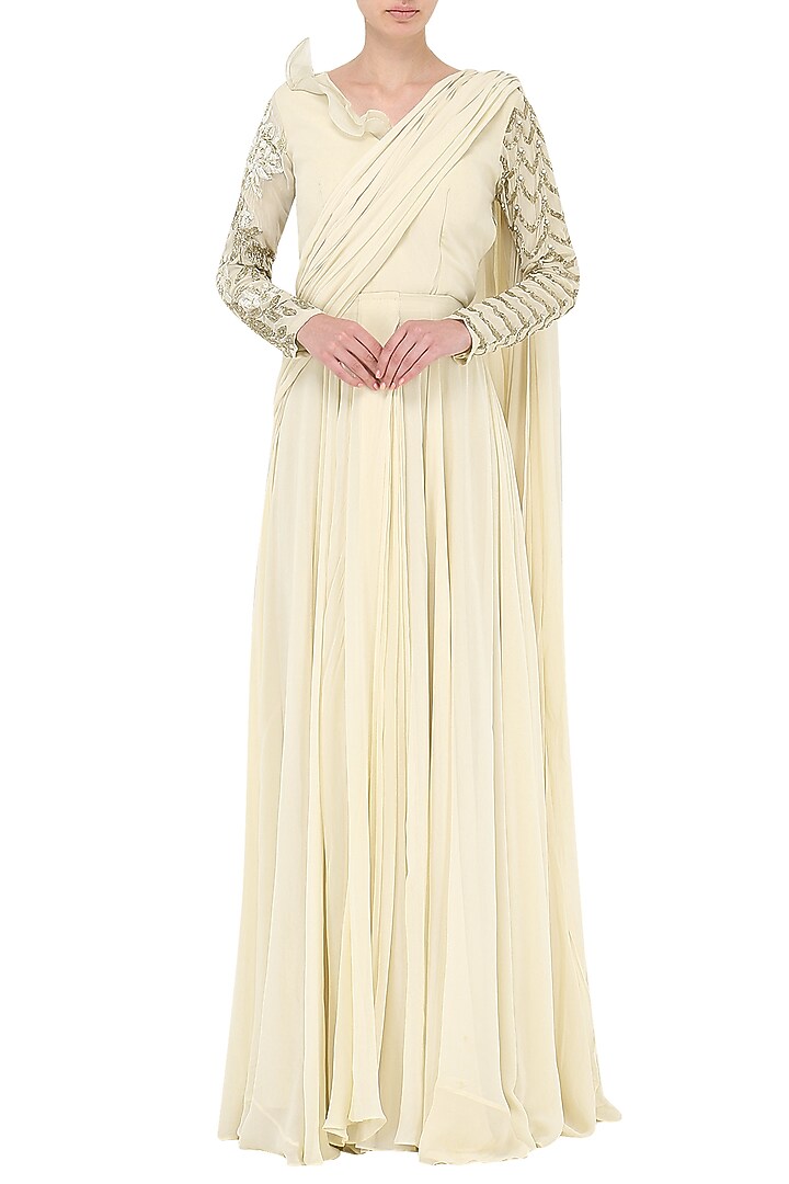 Ivory embroidered pleated saree with bodysuit available only at Pernia's Pop Up Shop.
