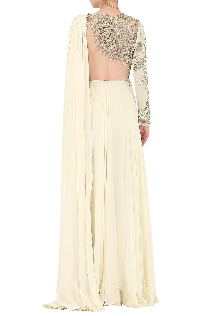 Ivory embroidered pleated saree with bodysuit available only at Pernia's Pop Up Shop.