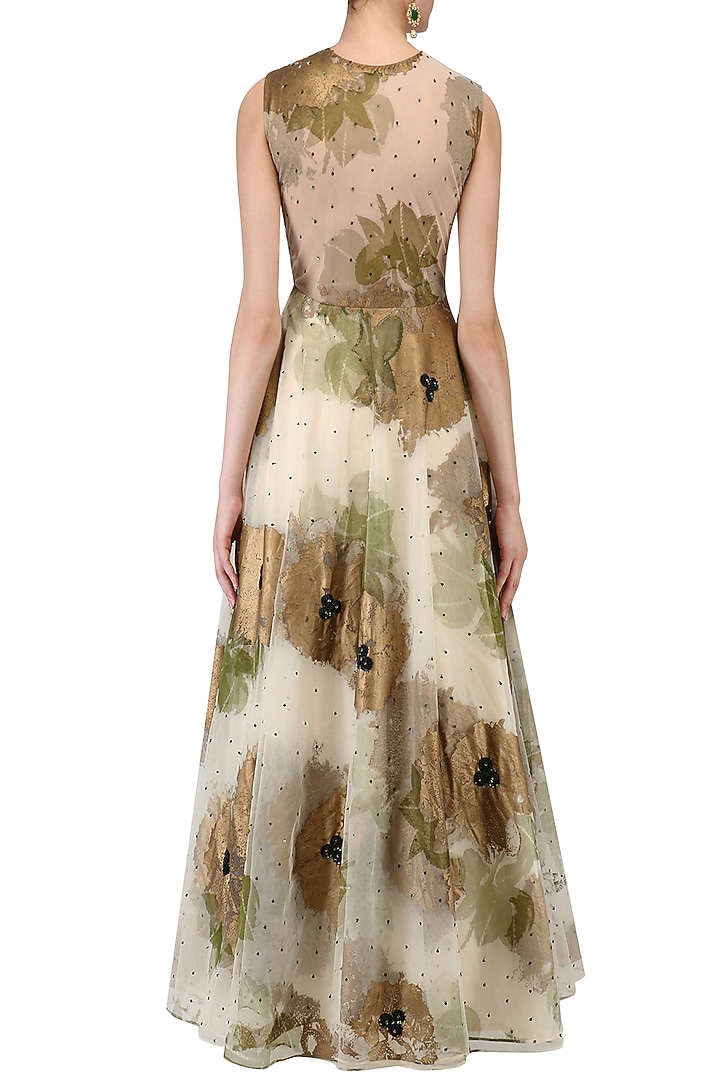 Ivory foil print and green threadwork anarkali set available only at Pernia's Pop Up Shop.