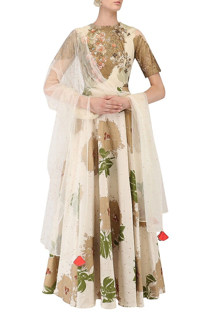 Ivory foil print and peach threadwork anarkali set available only at Pernia's Pop Up Shop.