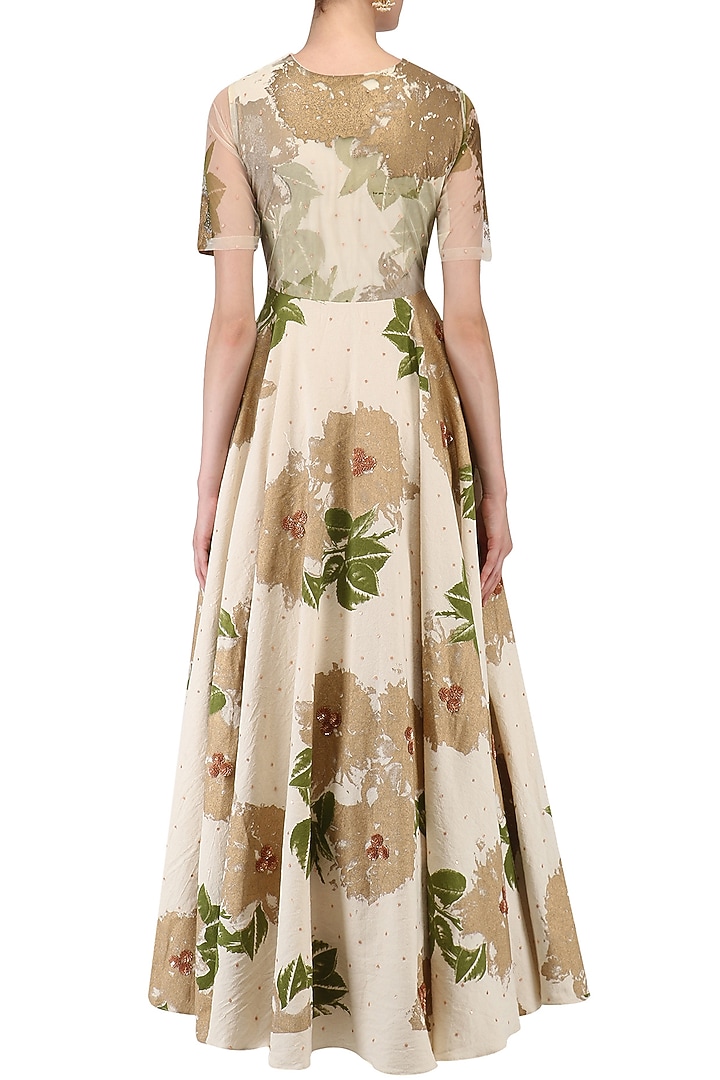 Ivory foil print and peach threadwork anarkali set available only at Pernia's Pop Up Shop.
