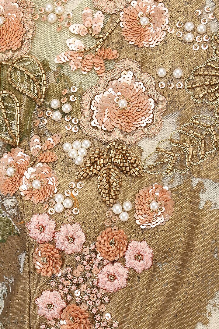 Ivory foil print and peach threadwork anarkali set available only at Pernia's Pop Up Shop.
