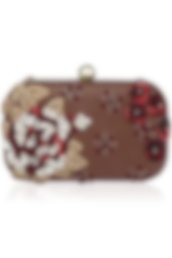 Tan and Red Sequins Embroidered Box Clutch by Bhumika Sharma