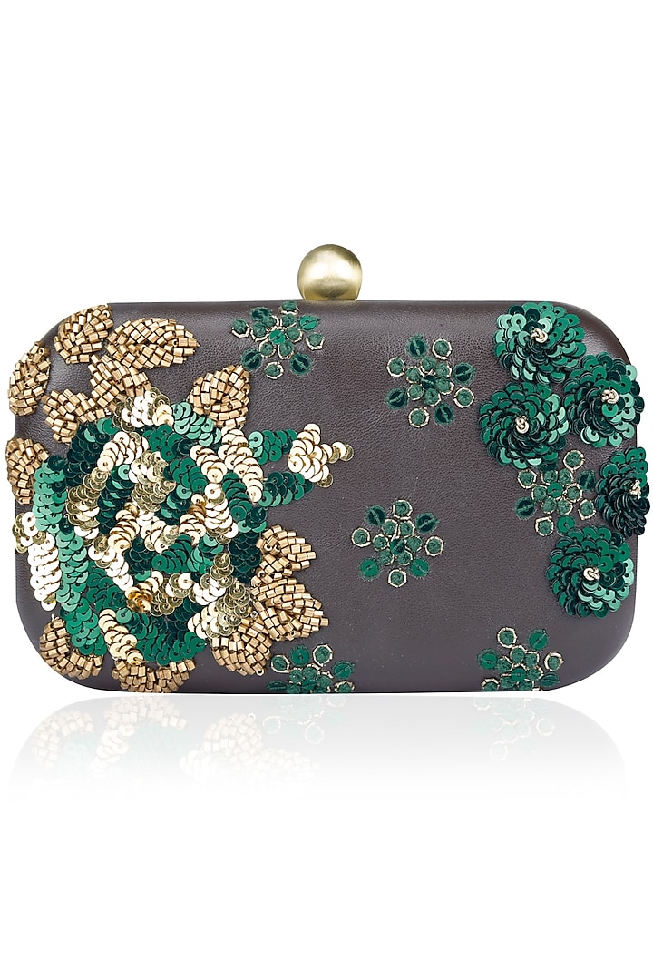 Brown and Green Sequins Embroidered Box Clutch by Bhumika Sharma