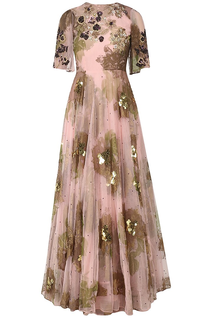 Pink foil print and purple sequinned floral work anarkali available only at Pernia's Pop Up Shop.