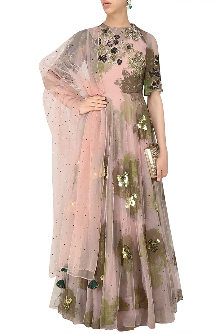 Pink foil print and purple sequinned floral work anarkali available only at Pernia's Pop Up Shop.