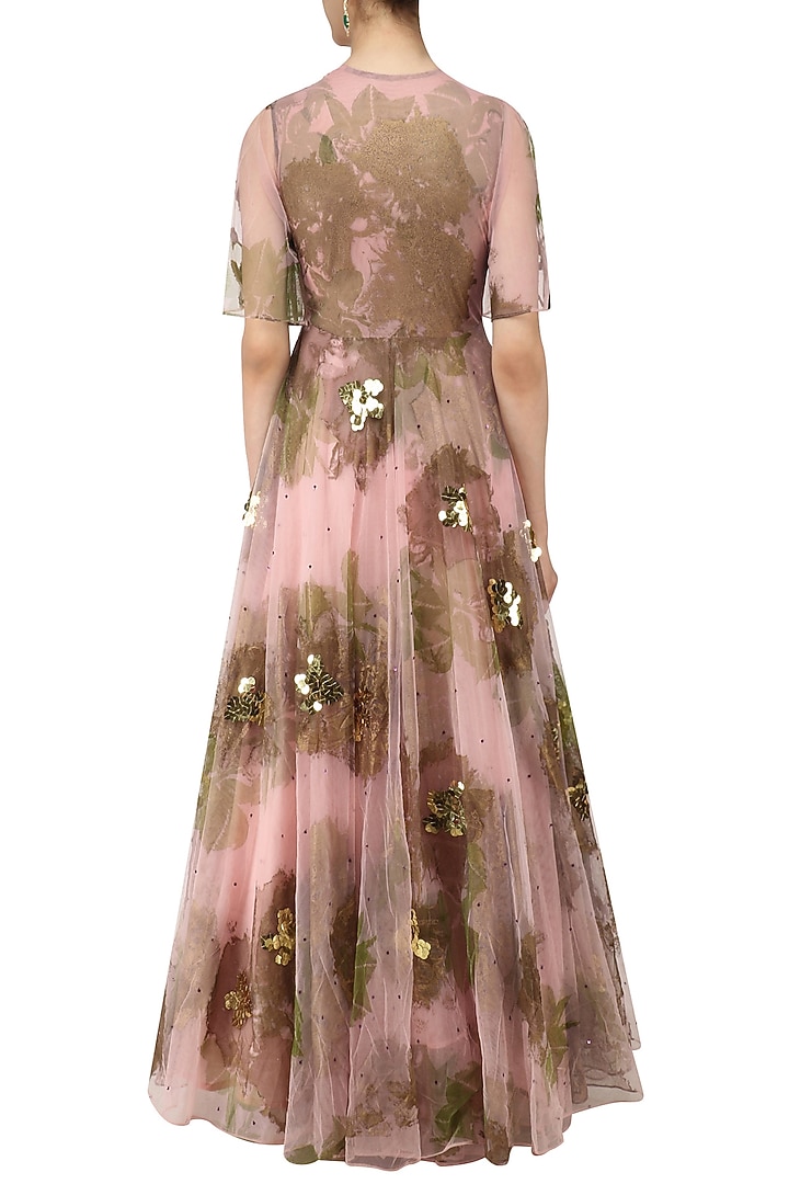 Pink foil print and purple sequinned floral work anarkali available only at Pernia's Pop Up Shop.