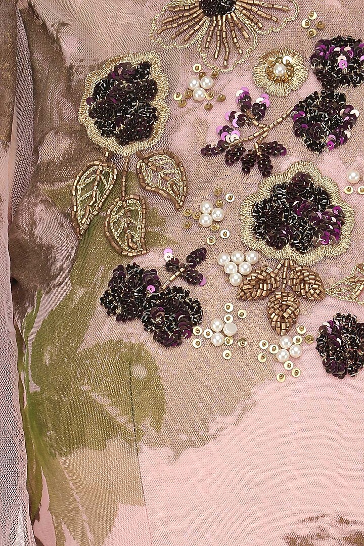 Pink foil print and purple sequinned floral work anarkali available only at Pernia's Pop Up Shop.