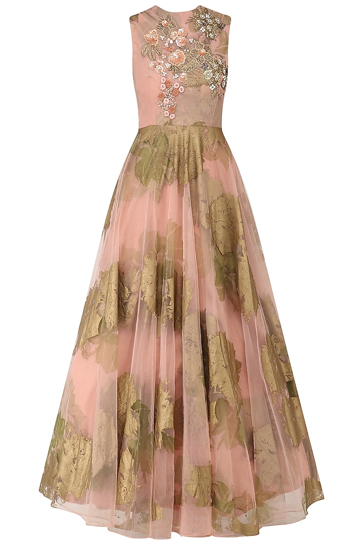 Pink Foil Print and Floral Embroidered Anarkali by Bhumika Sharma