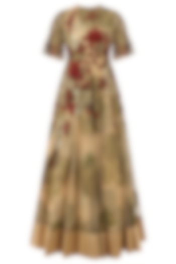 Beige Foil Print and Floral Embroidered Flared Anarkali by Bhumika Sharma