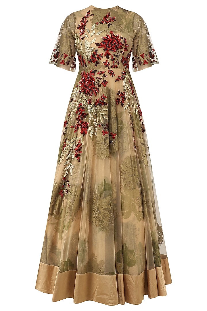 Beige Foil Print and Floral Embroidered Flared Anarkali by Bhumika Sharma