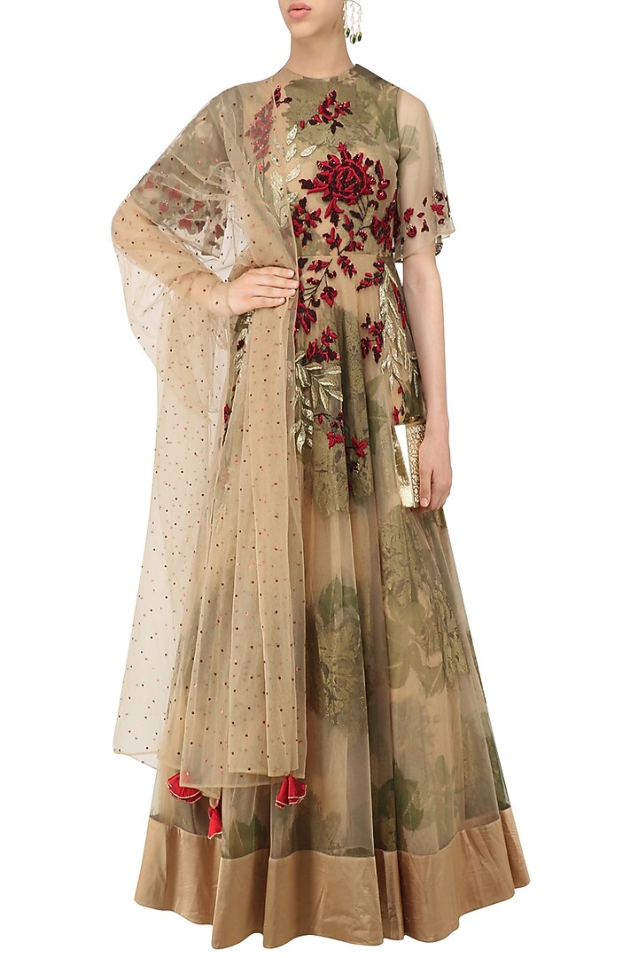Beige foil print and floral embroidered flared anarkali available only at Pernia's Pop Up Shop.