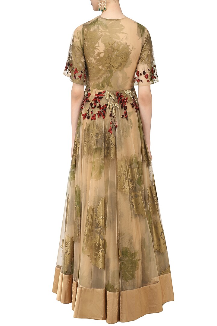 Beige foil print and floral embroidered flared anarkali available only at Pernia's Pop Up Shop.