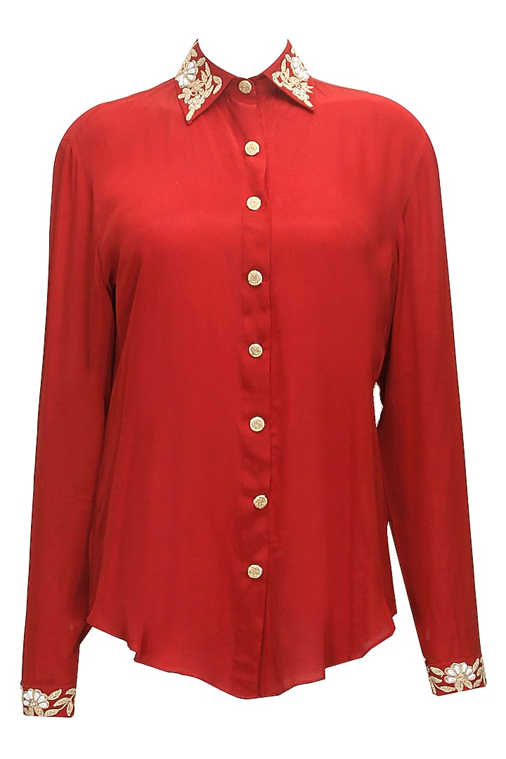 Red embroidered shirt available only at Pernia's Pop-Up Shop.