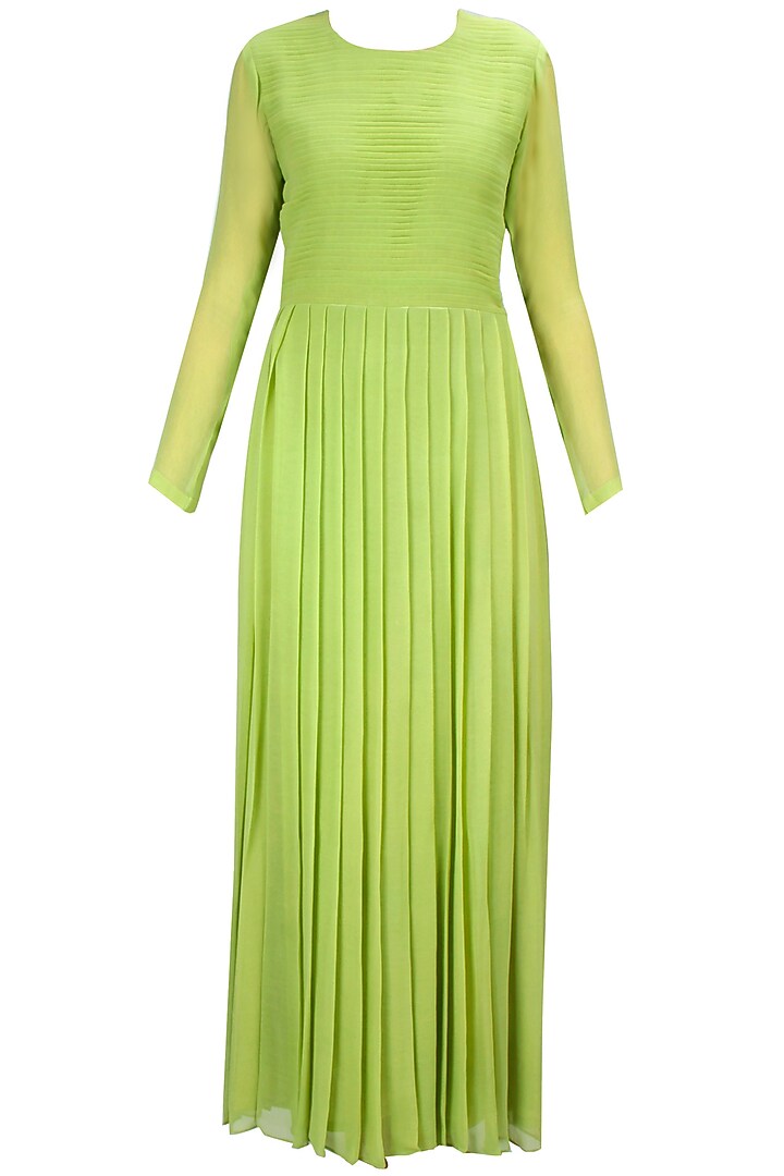 Olive green embroidered pleated anarkali set available only at Pernia's Pop-Up Shop.