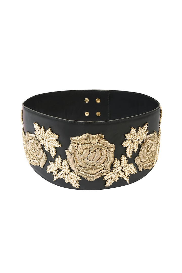 Black Rosette Motif Embroidered Leather Belt by Bhumika Sharma