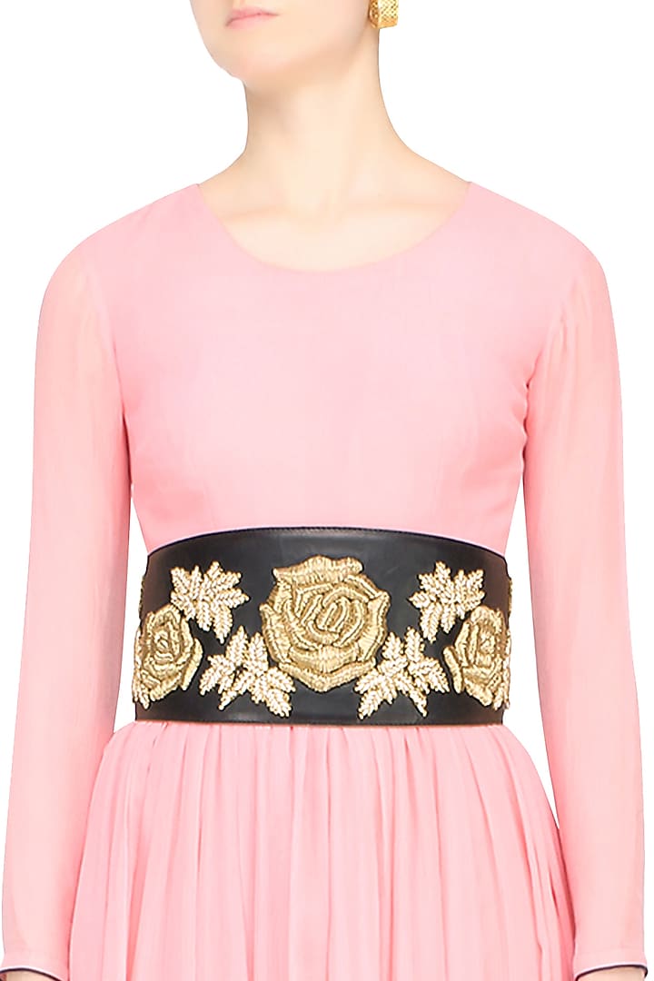 Bhumika Sharma presents Black rosette motif embroidered leather belt available only at Pernia's Pop Up Shop.