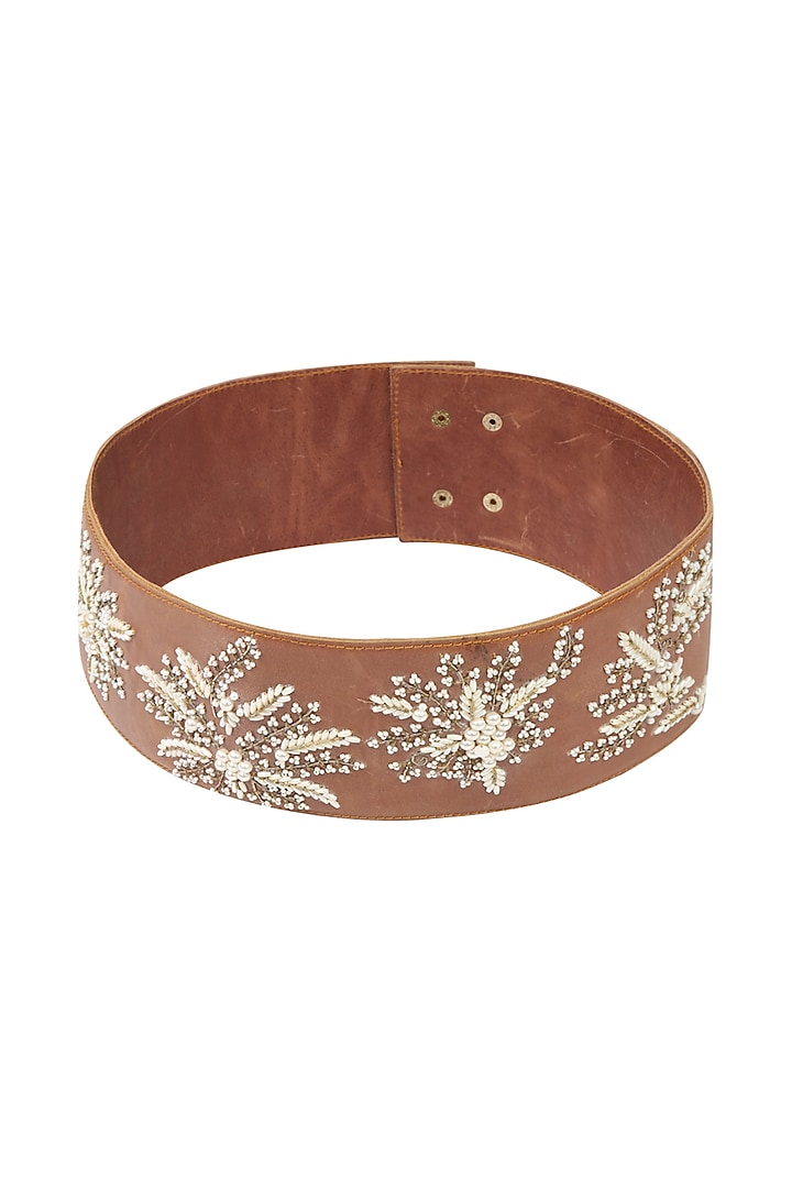 Tan Ornate Floral Embroidered Leather Belt by Bhumika Sharma