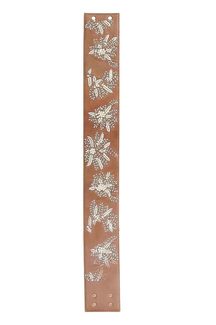 Bhumika Sharma presents Tan ornate floral embroidered leather belt available only at Pernia's Pop Up Shop.