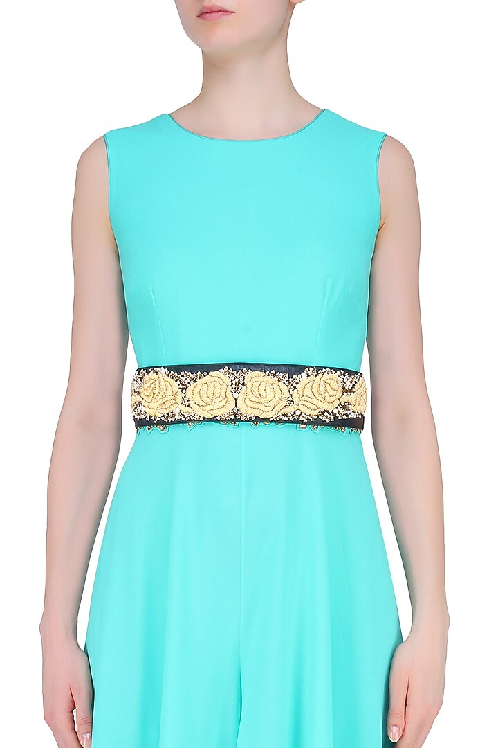 Bhumika Sharma presents Black rosette dori embroidered thin leather belt available only at Pernia's Pop Up Shop.