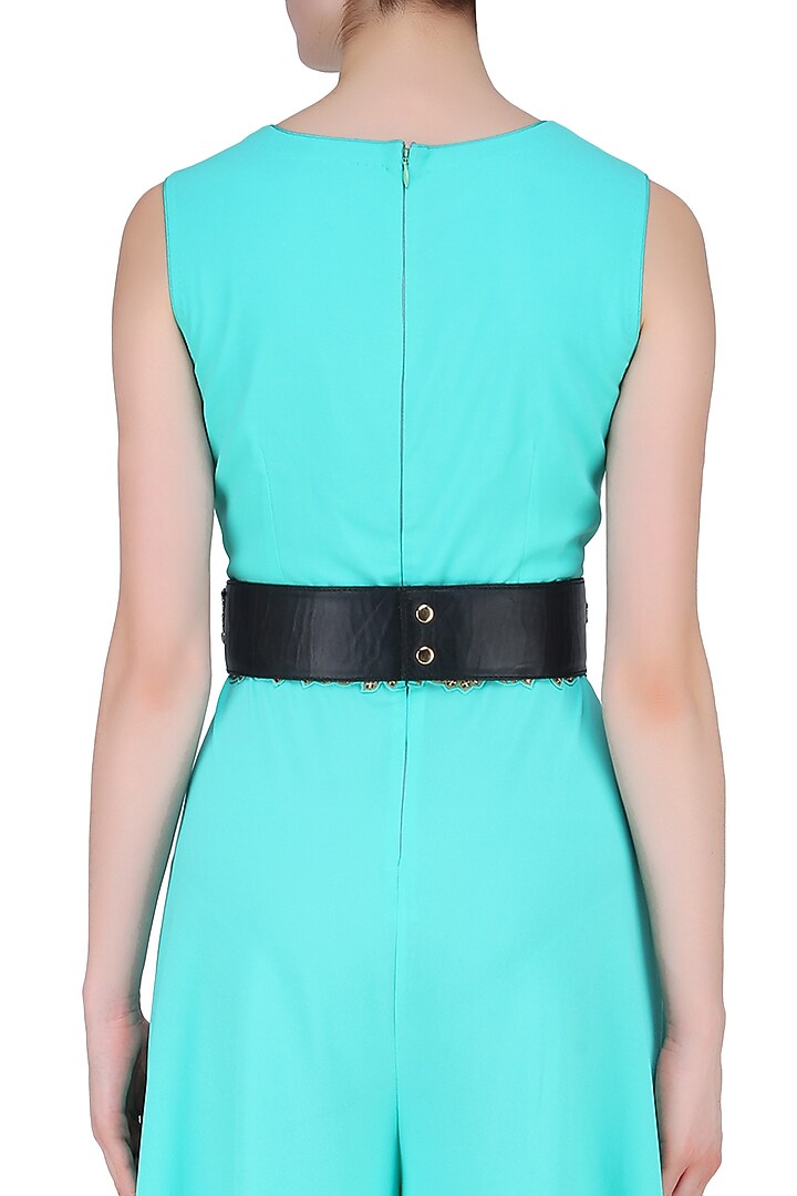 Bhumika Sharma presents Black rosette dori embroidered thin leather belt available only at Pernia's Pop Up Shop.