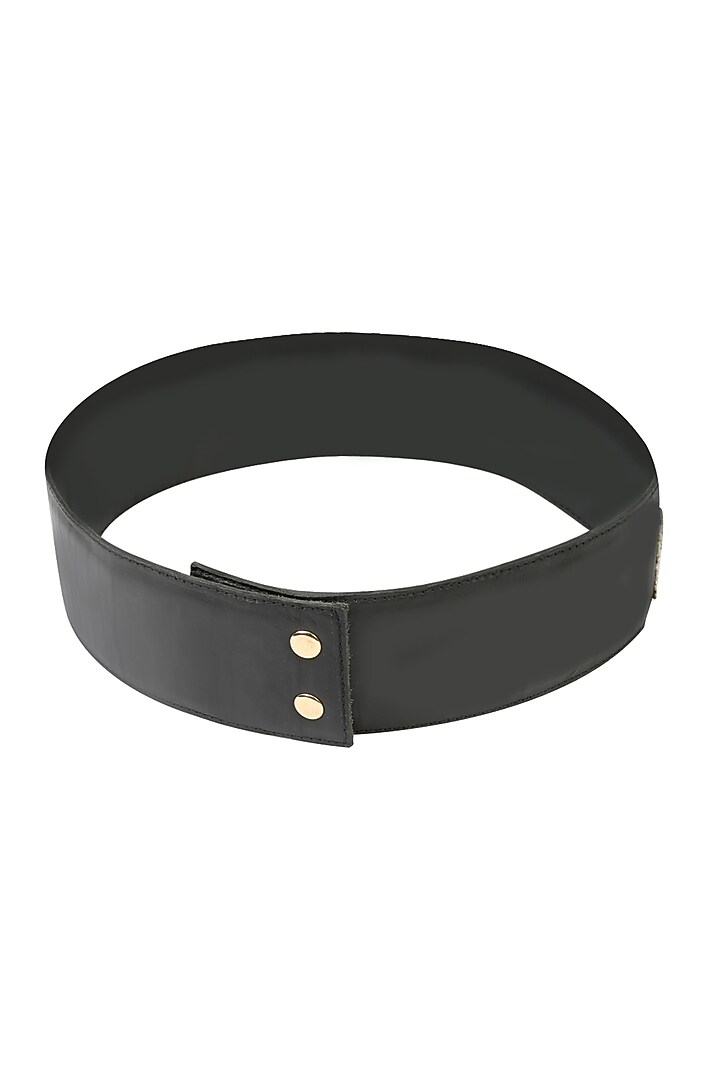 Bhumika Sharma presents Black rosette dori embroidered thin leather belt available only at Pernia's Pop Up Shop.