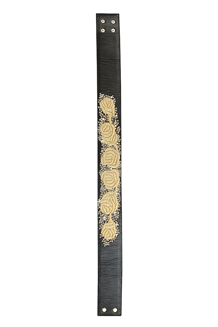 Bhumika Sharma presents Black rosette dori embroidered thin leather belt available only at Pernia's Pop Up Shop.
