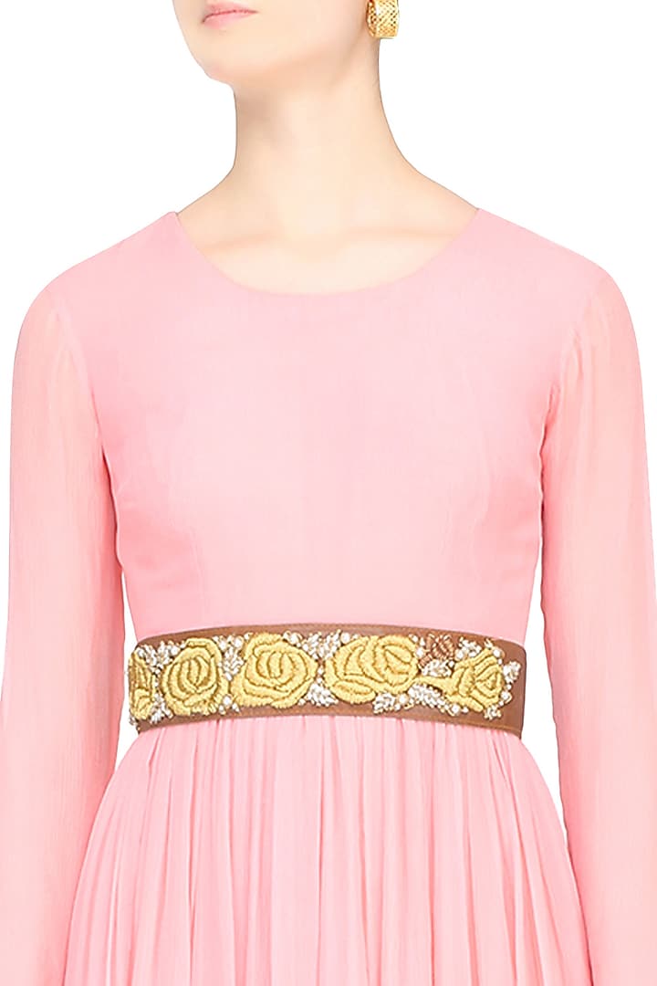 Bhumika Sharma presents Tan rosette dori embroidered thin leather belt available only at Pernia's Pop Up Shop.