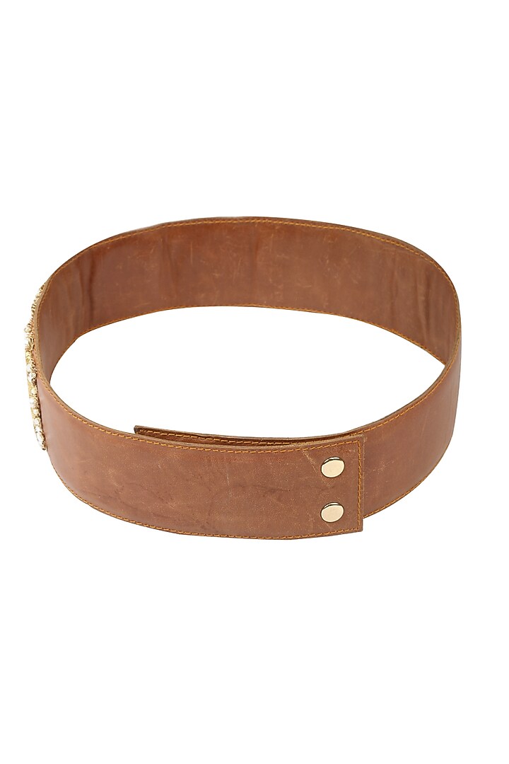 Bhumika Sharma presents Tan rosette dori embroidered thin leather belt available only at Pernia's Pop Up Shop.