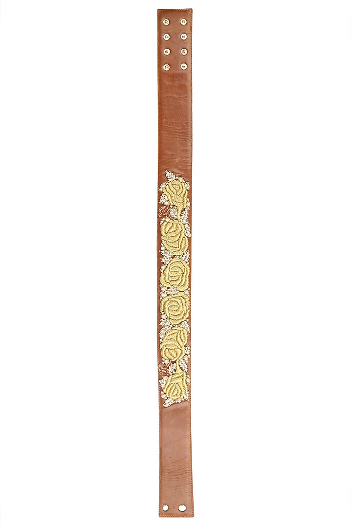 Bhumika Sharma presents Tan rosette dori embroidered thin leather belt available only at Pernia's Pop Up Shop.