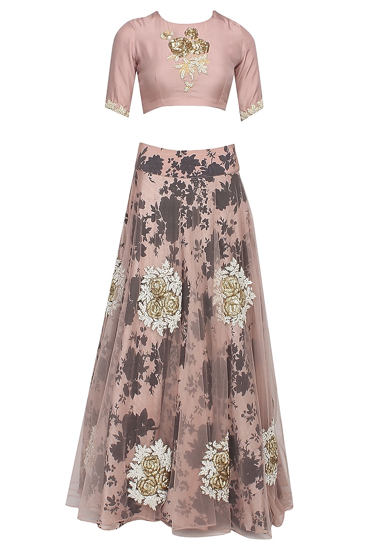 Pale pink and black rose printed flared lehenga set with pale pink blouse available only at Pernia's Pop Up Shop.