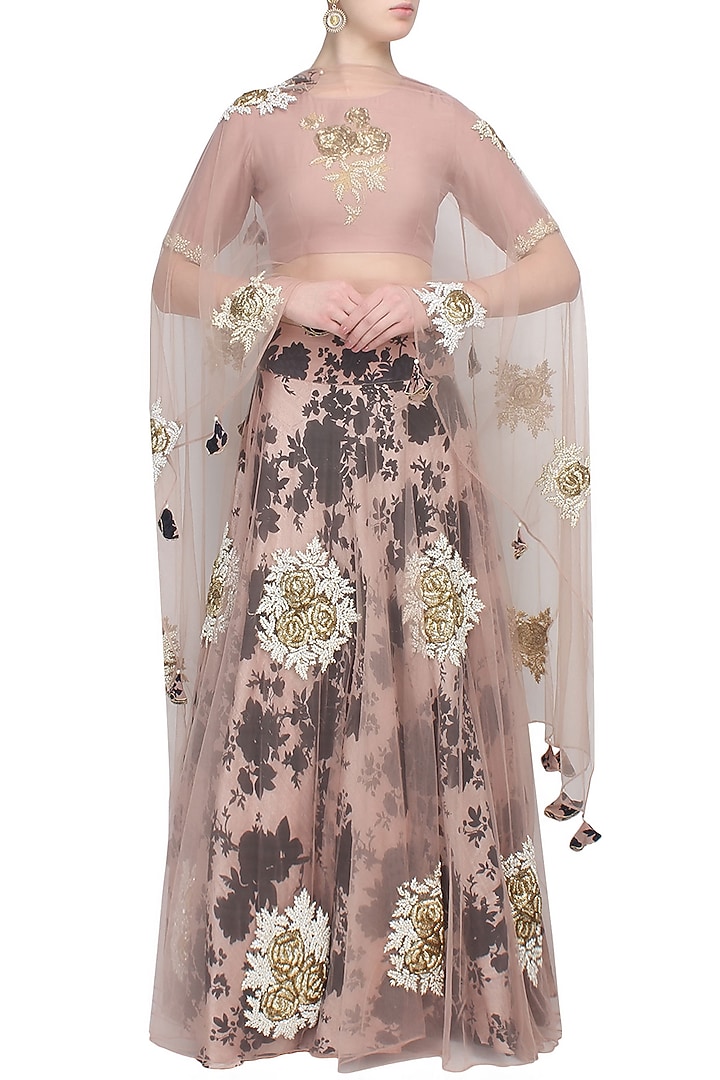 Pale pink and black rose printed flared lehenga set with pale pink blouse available only at Pernia's Pop Up Shop.