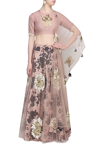 Pale pink and black rose printed flared lehenga set with pale pink blouse by Bhumika Sharma